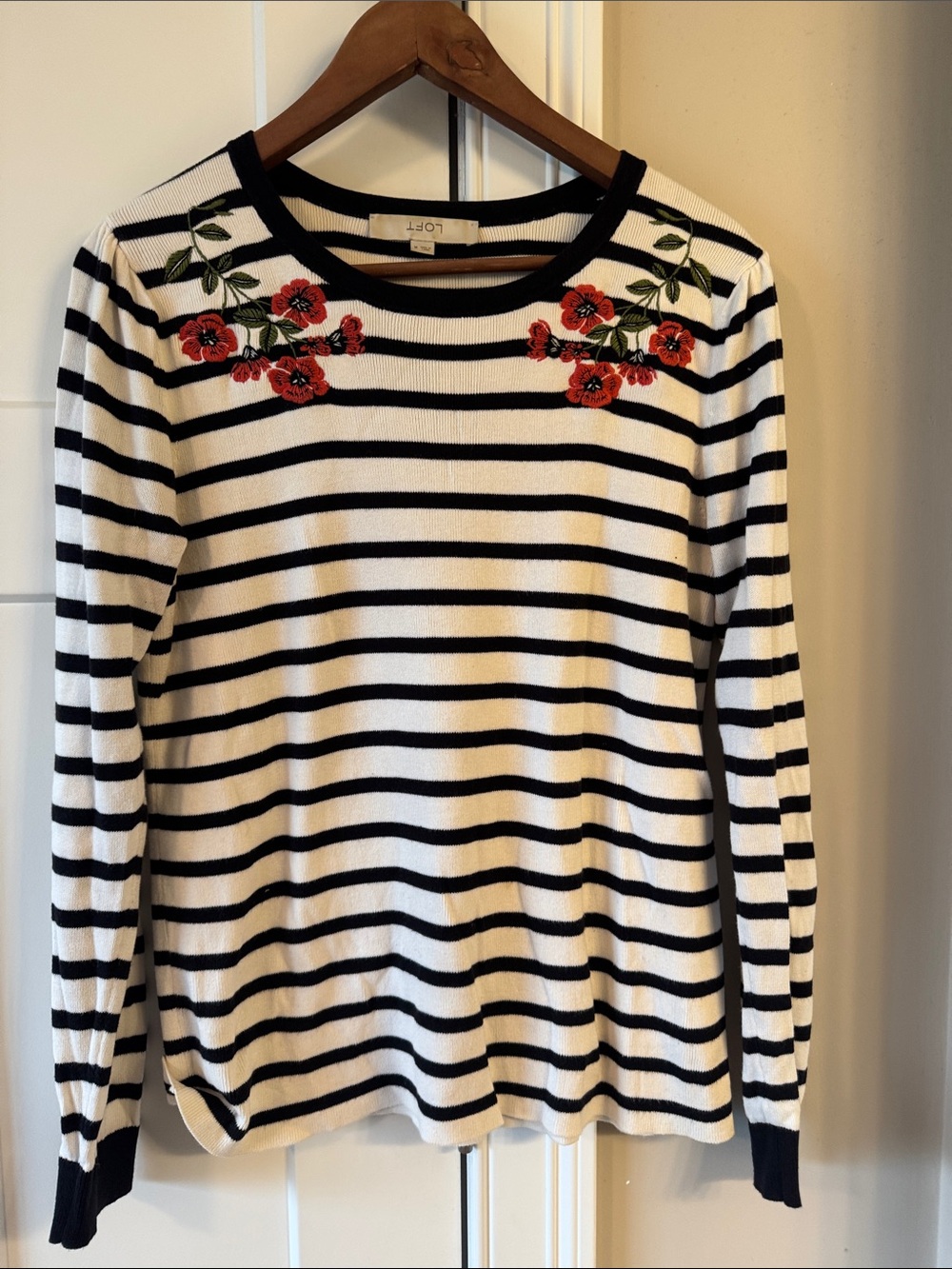 LOFT Black & White Striped Sweater with Red Floral Embroidery